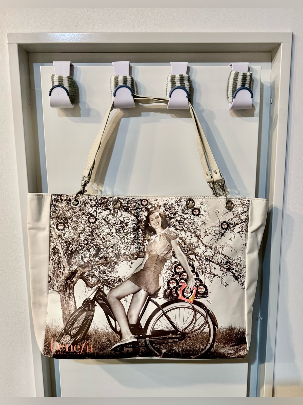 Benefit Beige and Dark brown/Black Vintage Bicycle Graphic Tote_NWT
